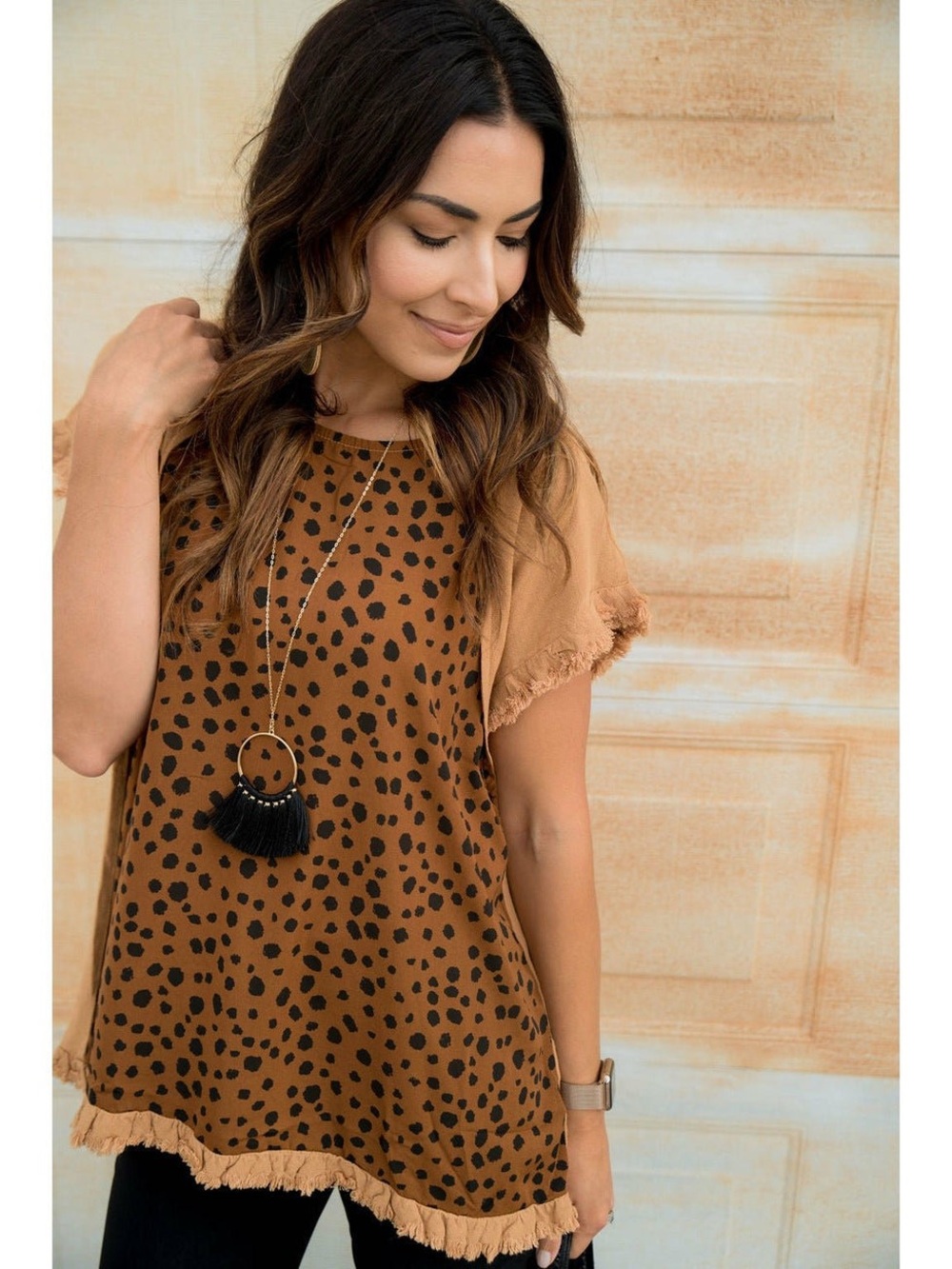 Umgee Cheetah Print Mixed Media Frayed Hem Blouse